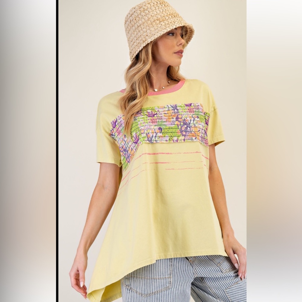 easel Yellow Floral Short Sleeve Tee with Pink Neck Trim